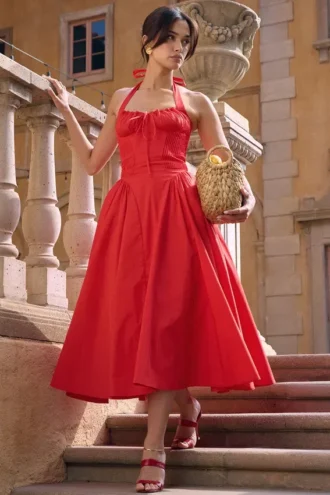 Adabella Italiaanse tomatenkleurige katoenen halterzomerjurk