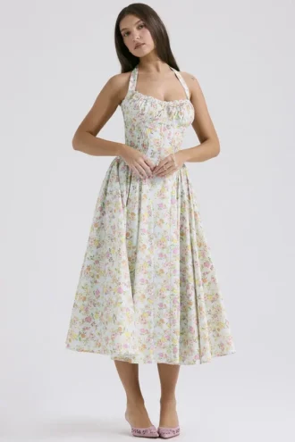 Adabella lichtblauwe katoenen halterzomerjurk met weideprint
