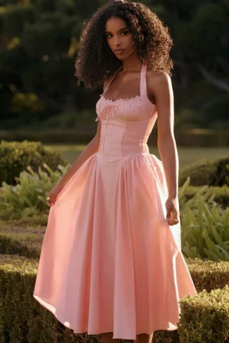 Adabella roze katoenen halter midi-zomerjurk