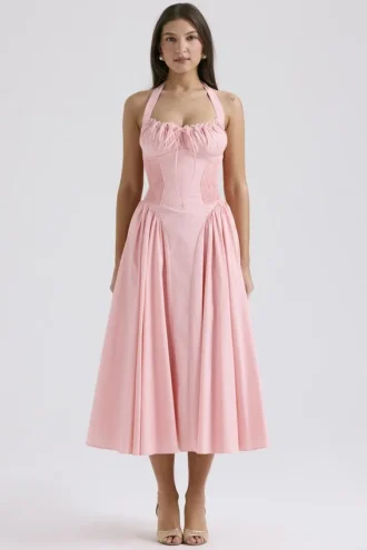 Adabella roze katoenen halter midi-zomerjurk
