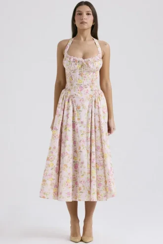 Adabella roze midi-zomerjurk van katoen met halternek en weideprint