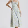Adabella zachtblauwe vintage katoenen halterzomerjurk met bloemenprint