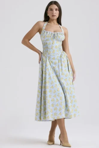 Adabella zachtblauwe vintage katoenen halterzomerjurk met bloemenprint