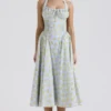 Adabella zachtblauwe vintage katoenen halterzomerjurk met bloemenprint