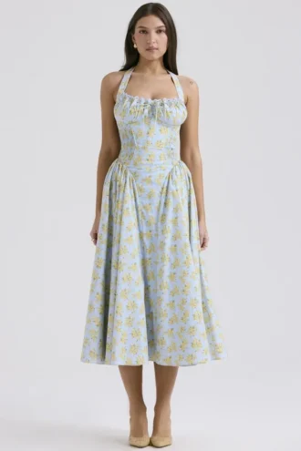 Adabella zachtblauwe vintage katoenen halterzomerjurk met bloemenprint