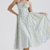 Adabella zachtblauwe vintage katoenen halterzomerjurk met bloemenprint