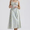 Adabella zachtblauwe vintage katoenen halterzomerjurk met bloemenprint