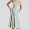 Adabella zachtblauwe vintage katoenen halterzomerjurk met bloemenprint