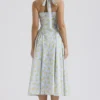 Adabella zachtblauwe vintage katoenen halterzomerjurk met bloemenprint