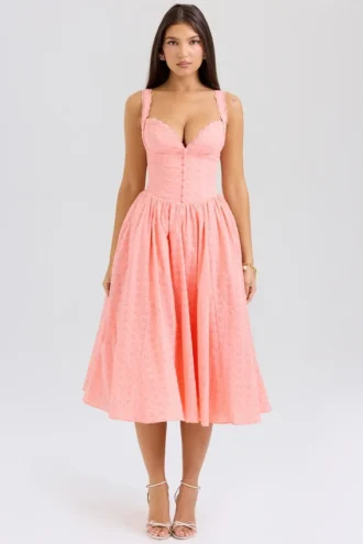 Adalyn Peach Broderie Anglais Midi-zomerjurk