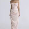 Adrienne champagnekleurige satijnen strapless avondjurk
