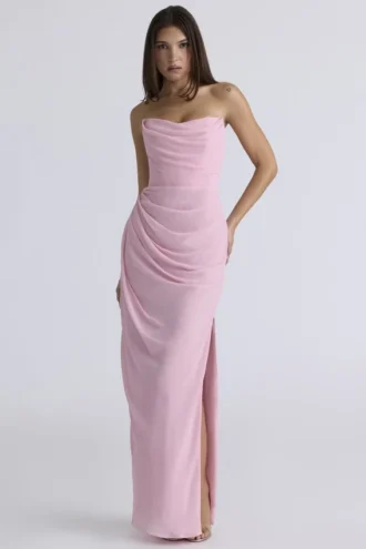 Adrienne roze kwarts georgette strapless avondjurk
