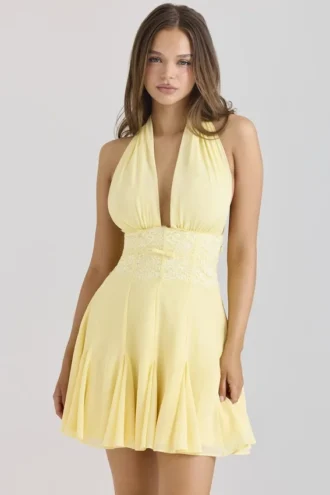 Ailani botergeel georgette mini-jurk met halternek