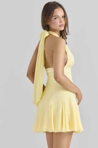 Ailani botergeel georgette mini-jurk met halternek