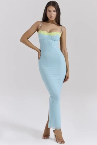Aiza Ocean Blue Contrast Lace Maxi Jurk