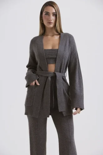 Alaia antracietkleurig vest met ceintuur van kasjmiermix