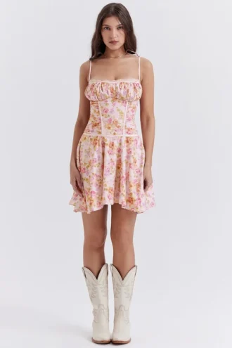 Alejandra licht lavendelkleurige korsetjurk met print
