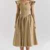 Alessandra gouden jacquard midi-jurk met afneembare strikken