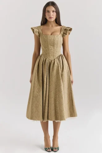 Alessandra gouden jacquard midi-jurk met afneembare strikken