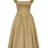 Alessandra gouden jacquard midi-jurk met afneembare strikken