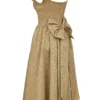 Alessandra gouden jacquard midi-jurk met afneembare strikken