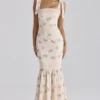 Alessina Ivoor Katoenen maxi-jurk met vintage rozenprint + kant