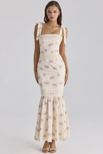 Alessina Ivoor Katoenen maxi-jurk met vintage rozenprint + kant