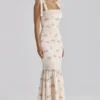 Alessina Ivoor Katoenen maxi-jurk met vintage rozenprint + kant