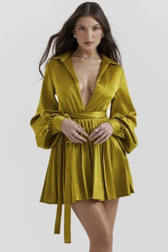 Allegra Chartreuse geplooide jurk