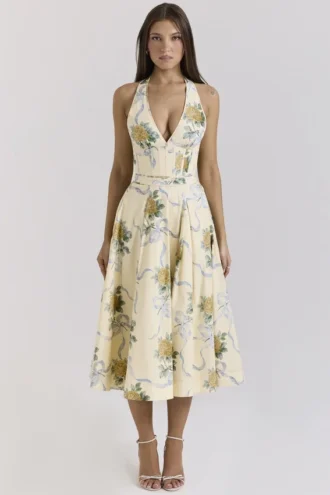 Allena Lemon Ribbon stretch katoenen halter midi-zomerjurk