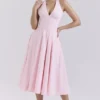 Allena Roze Stretch Katoenen Halter Midi Zomerjurk