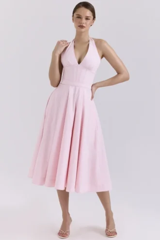 Allena Roze Stretch Katoenen Halter Midi Zomerjurk