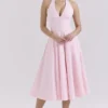 Allena Roze Stretch Katoenen Halter Midi Zomerjurk