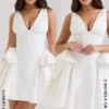 Amalia witte stretch katoenen mini-jurk met strik