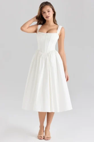Amara witte stretch katoenen korset midi-jurk