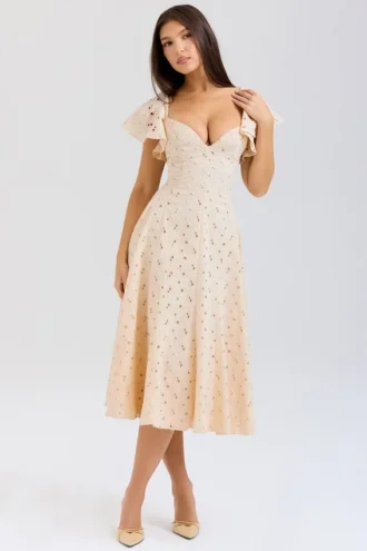 Amaya crèmekleurige midi-jurk met broderie anglaise