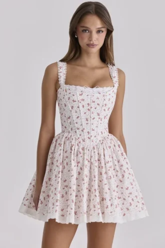 Ami witte mini-korsettenjurk met rozenprint