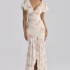 Amina ivoorkleurige maxi-jurk van georgette met vintage rozenprint