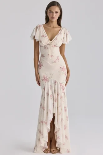 Amina ivoorkleurige maxi-jurk van georgette met vintage rozenprint