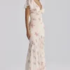 Amina ivoorkleurige maxi-jurk van georgette met vintage rozenprint