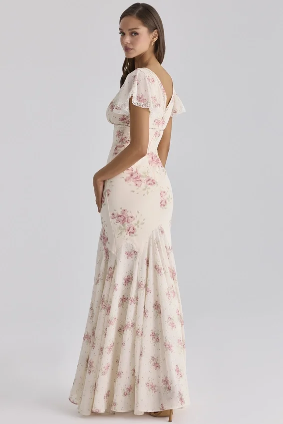 Amina ivoorkleurige maxi-jurk van georgette met vintage rozenprint