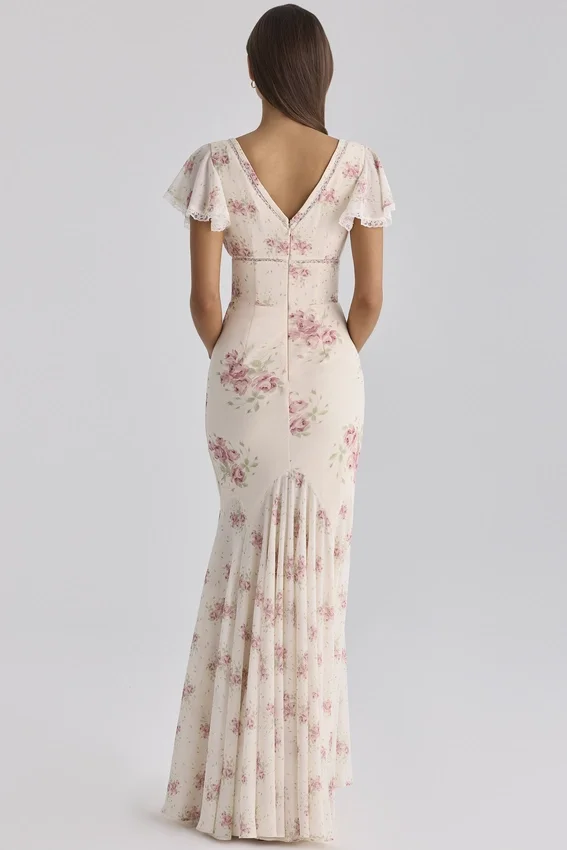 Amina ivoorkleurige maxi-jurk van georgette met vintage rozenprint