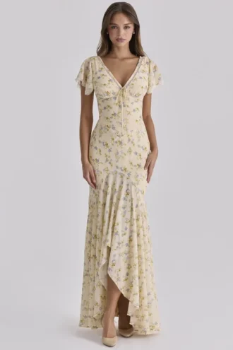 Amina Lemon Maxi-theejurk van georgette met bloemenprint