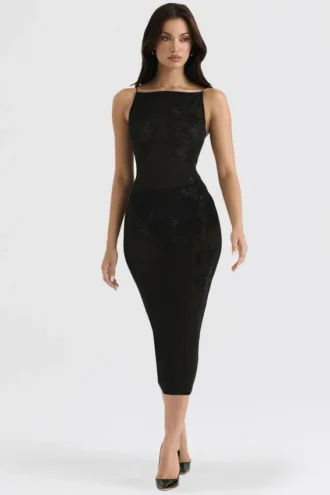 Amirah zwarte midi-jurk met kristallen versiering