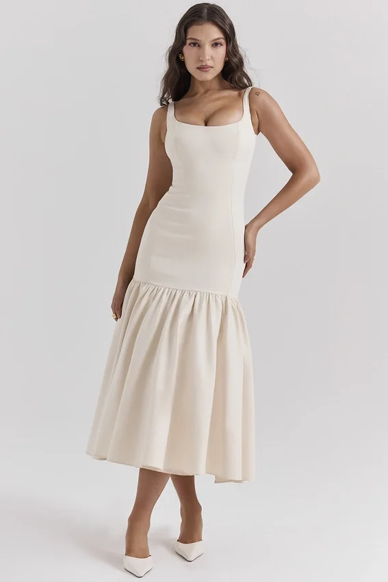 Amore Vintage crèmekleurige midi-jurk met verlaagde taille