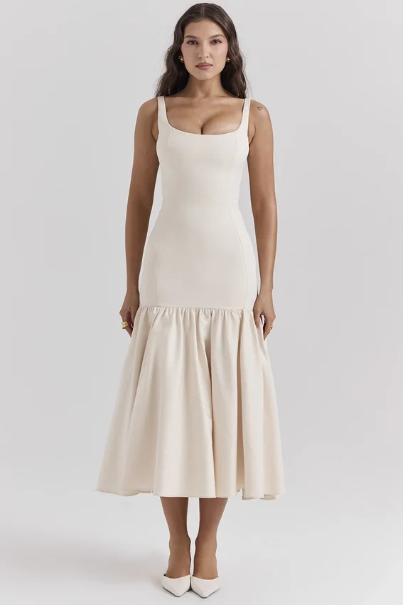 Amore Vintage crèmekleurige midi-jurk met verlaagde taille