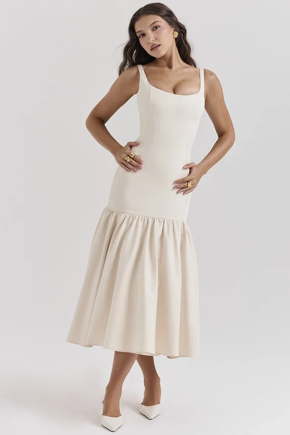 Amore Vintage crèmekleurige midi-jurk met verlaagde taille