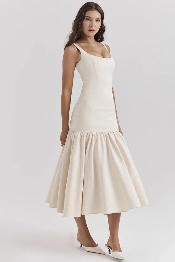 Amore Vintage crèmekleurige midi-jurk met verlaagde taille
