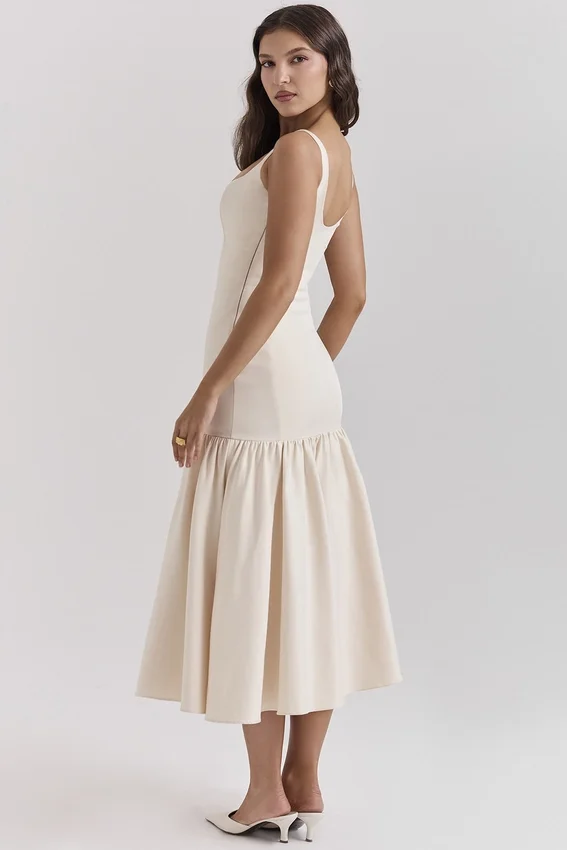 Amore Vintage crèmekleurige midi-jurk met verlaagde taille