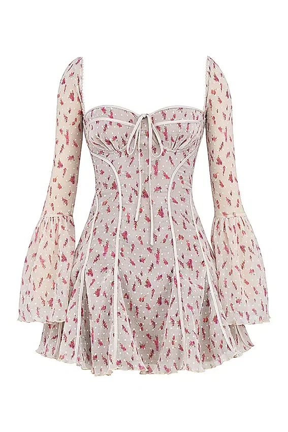 Analissa Vintage crèmekleurige mini-jurk met rozenprint als onderdeel van het Korsetten-korset